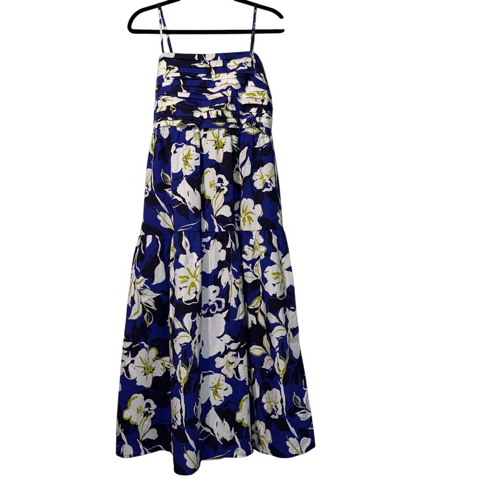 EVEREVE Blue White Floral Pleated Bodice Tiered Maxi Dress Smocked Back Size‎ M